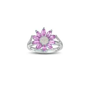 Created Pink Sapphire and Diamond Accent Flower Ring in Silver