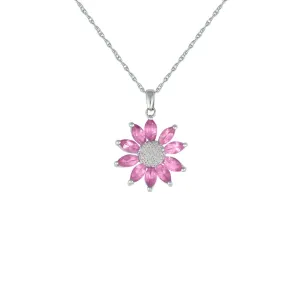 Created Pink Sapphire and Diamond Flower Pendant in Silver