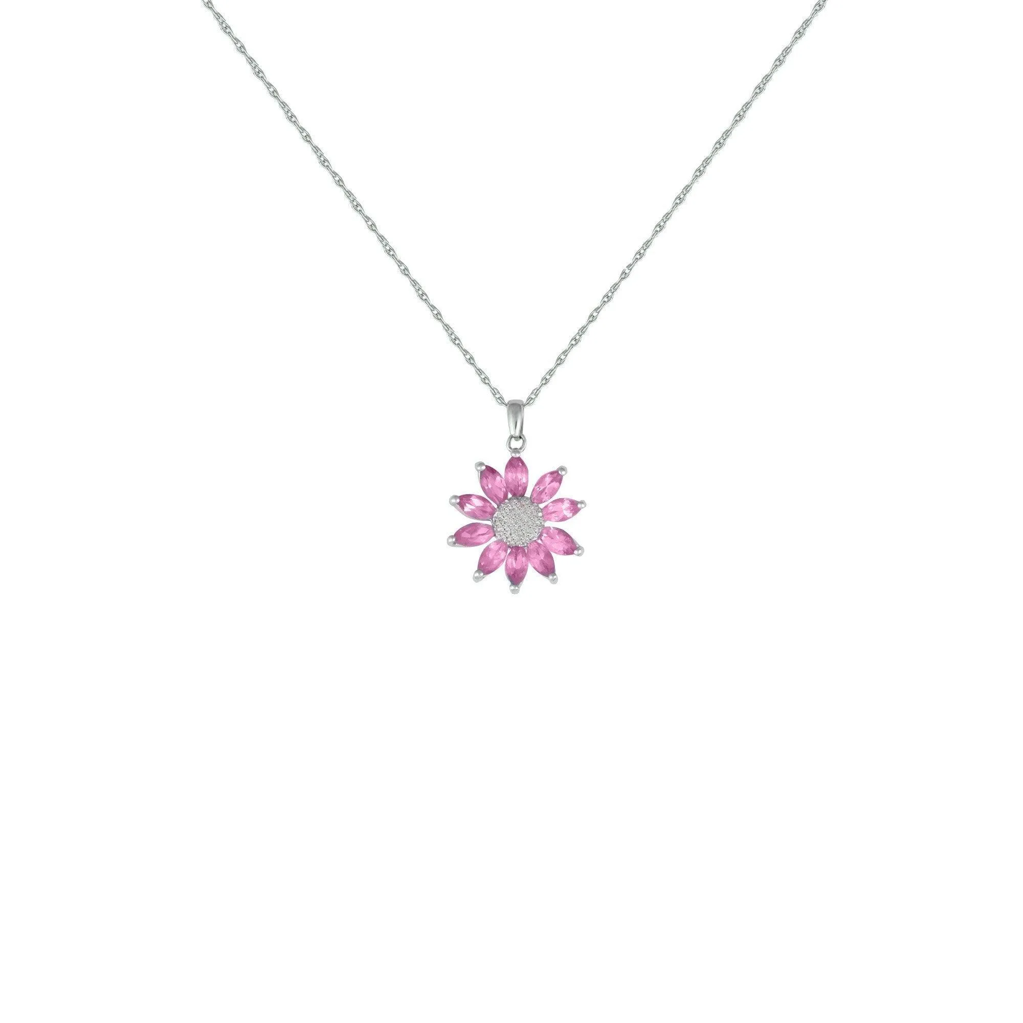 Created Pink Sapphire and Diamond Flower Pendant in Silver