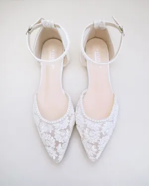 Crochet Lace Pointy Toe Flats with Mini Pearls