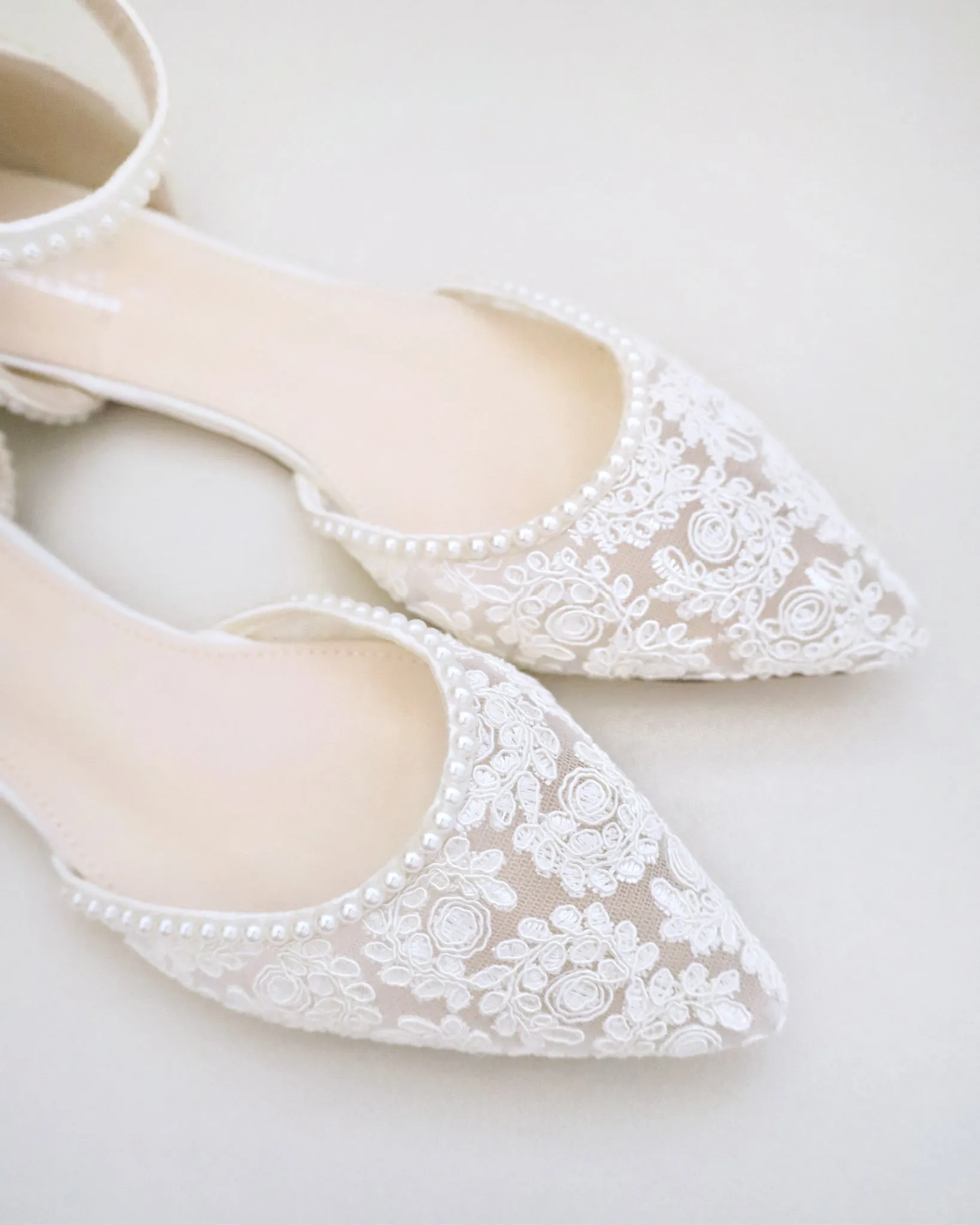 Crochet Lace Pointy Toe Flats with Mini Pearls