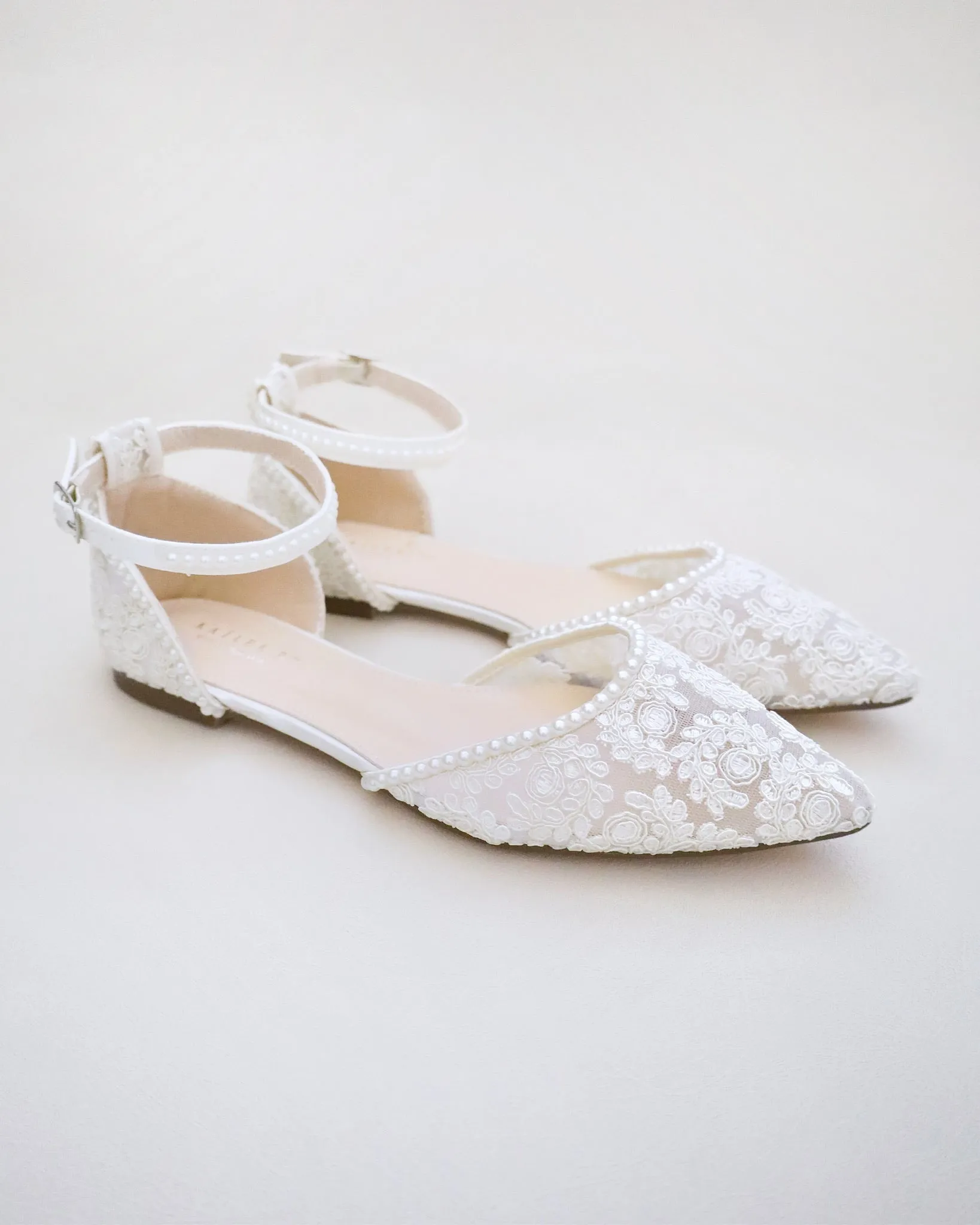 Crochet Lace Pointy Toe Flats with Mini Pearls