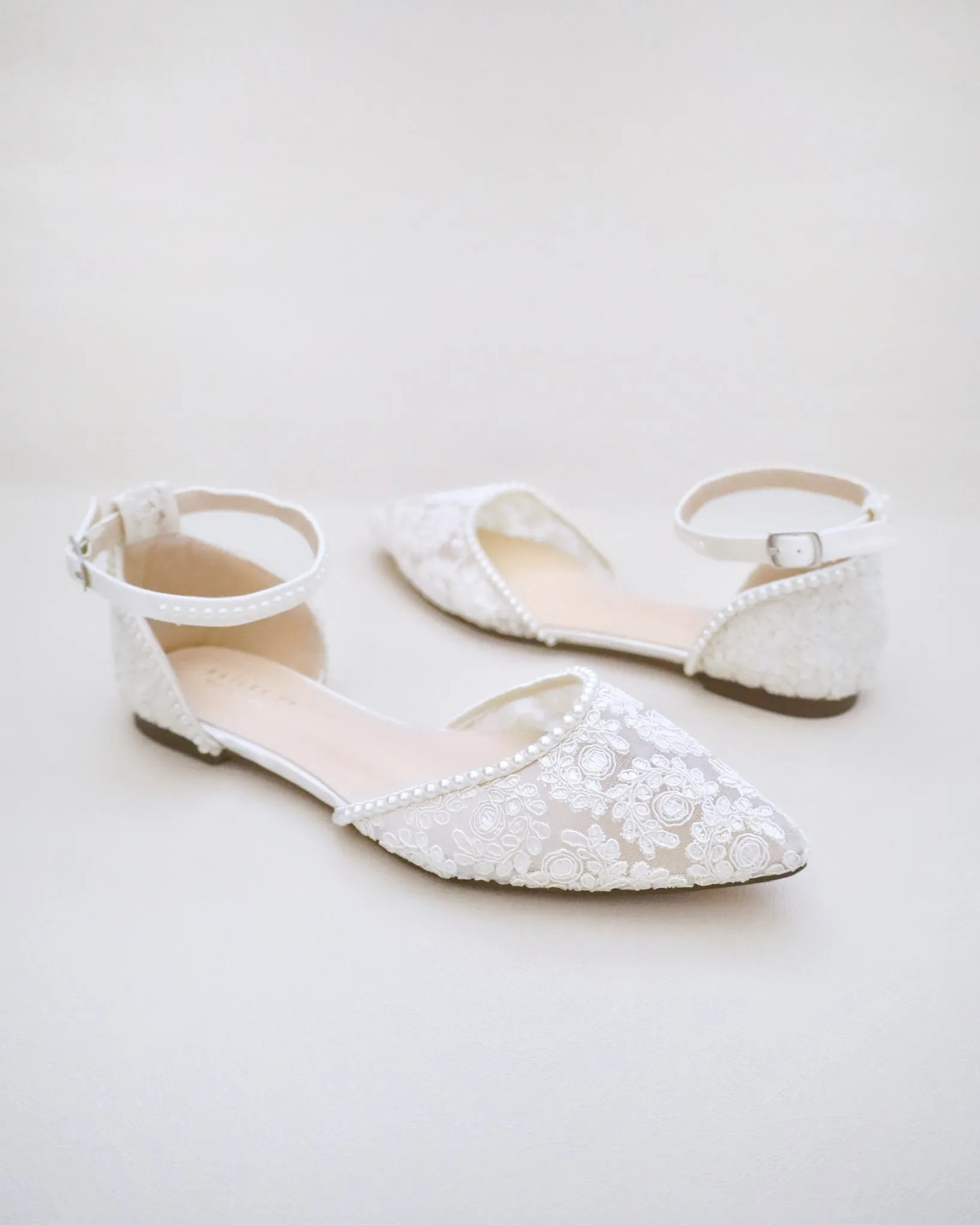 Crochet Lace Pointy Toe Flats with Mini Pearls
