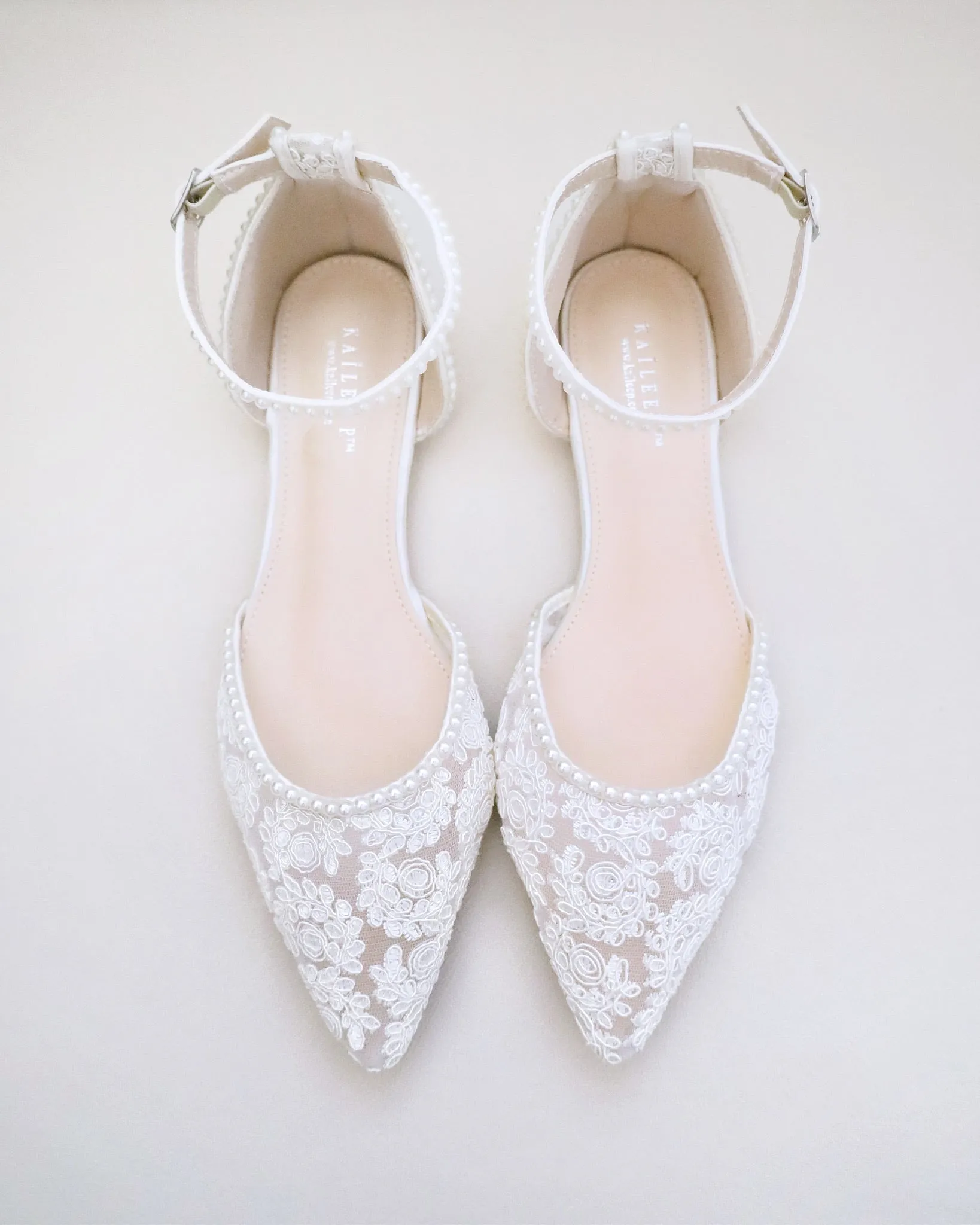 Crochet Lace Pointy Toe Flats with Mini Pearls
