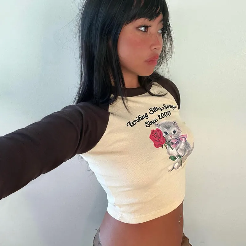 Cross-Border Amazon2023New Fall Women's Clothing Fashion round Neck Pullover Print Sexy Midriff-Baring Long Sleeve Top for Women