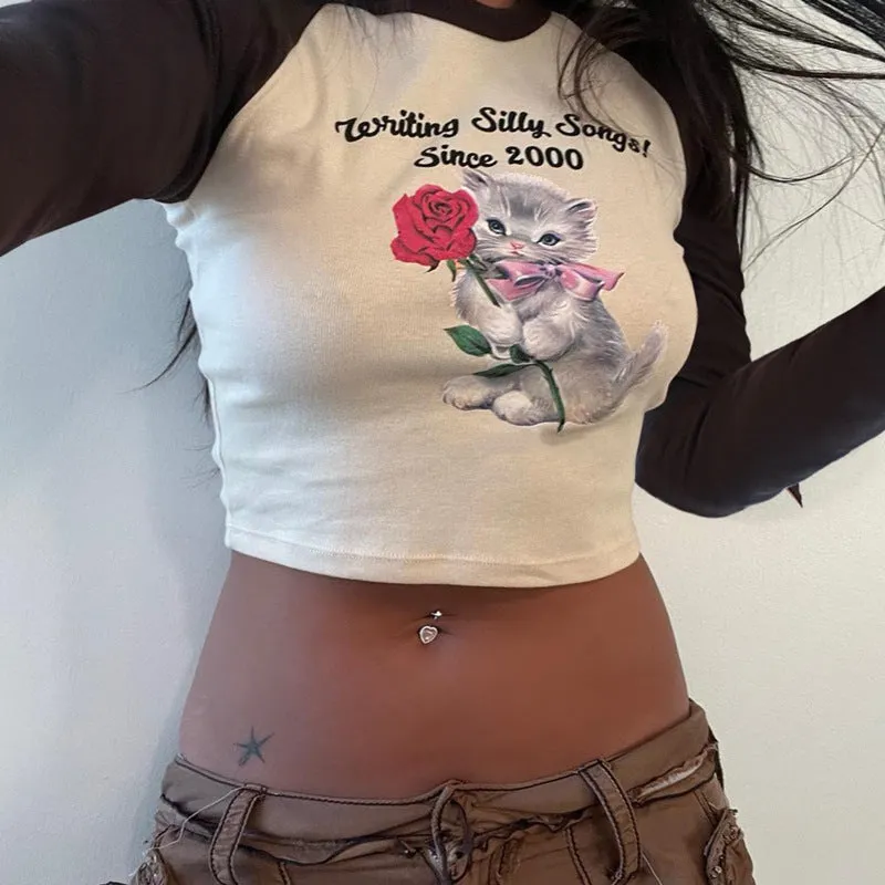 Cross-Border Amazon2023New Fall Women's Clothing Fashion round Neck Pullover Print Sexy Midriff-Baring Long Sleeve Top for Women