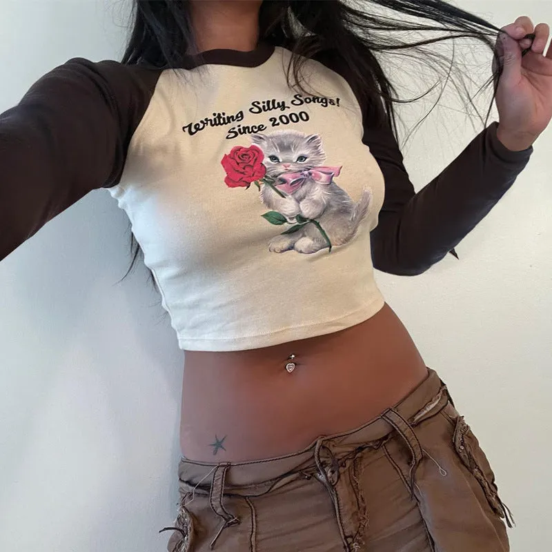 Cross-Border Amazon2023New Fall Women's Clothing Fashion round Neck Pullover Print Sexy Midriff-Baring Long Sleeve Top for Women