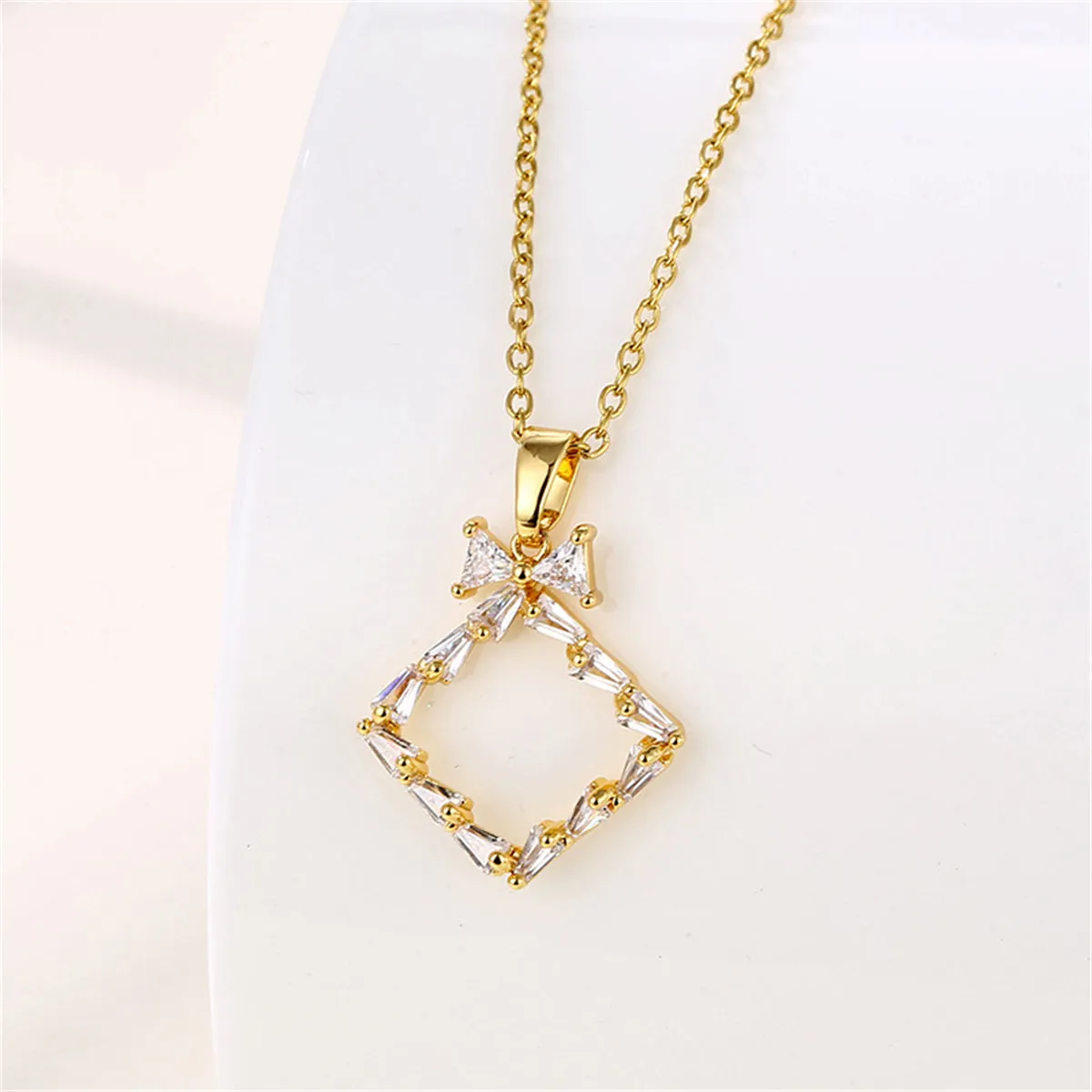 Crystal & 18K Gold-Plated Bow Rhombus Pendant Necklace