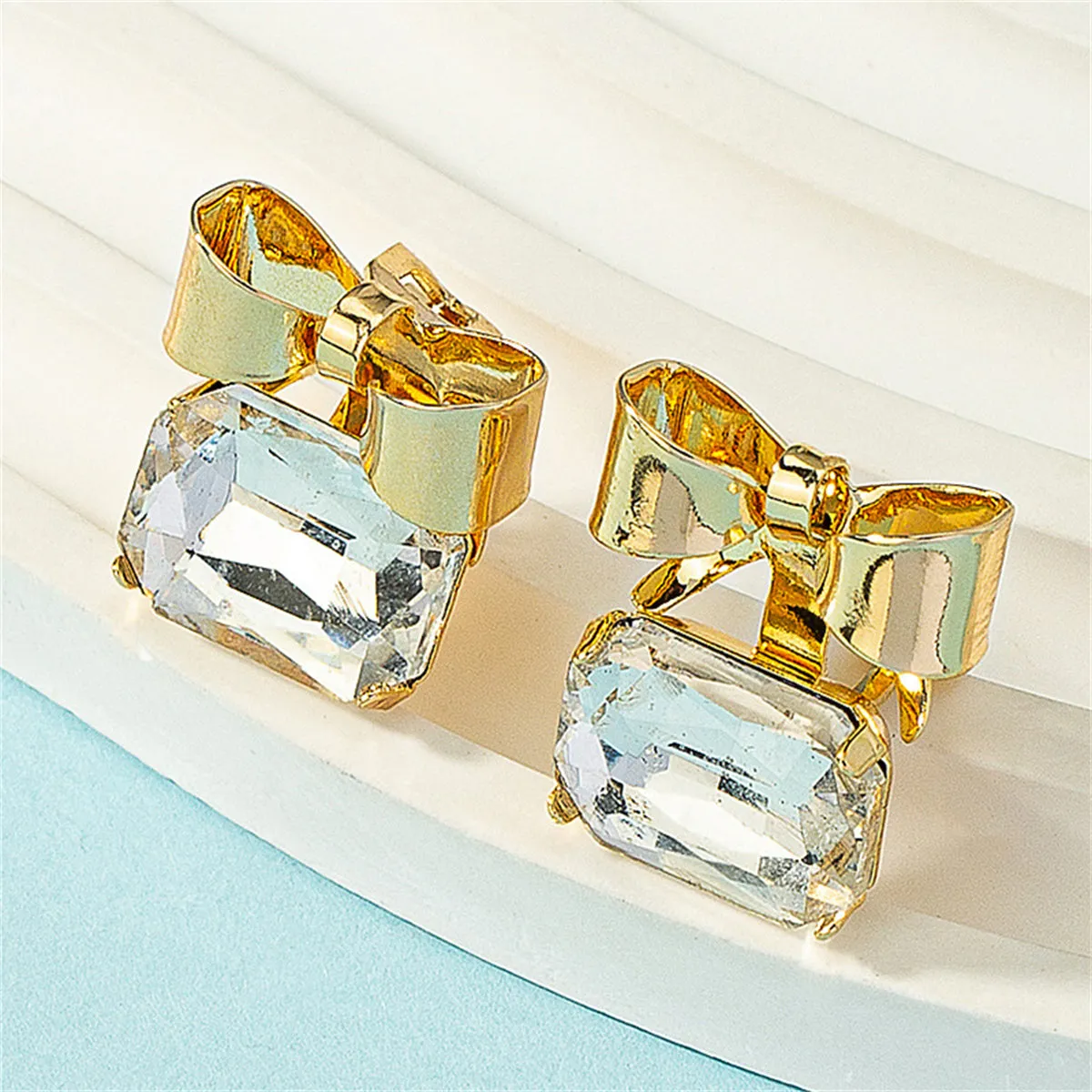 Crystal & 18K Gold-Plated Bow Square Stud Earrings