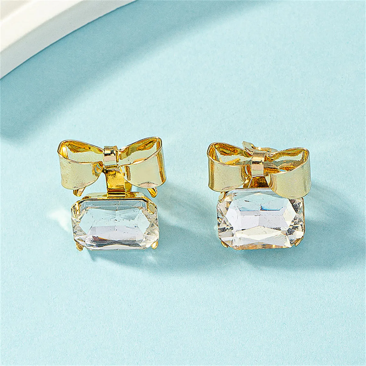 Crystal & 18K Gold-Plated Bow Square Stud Earrings