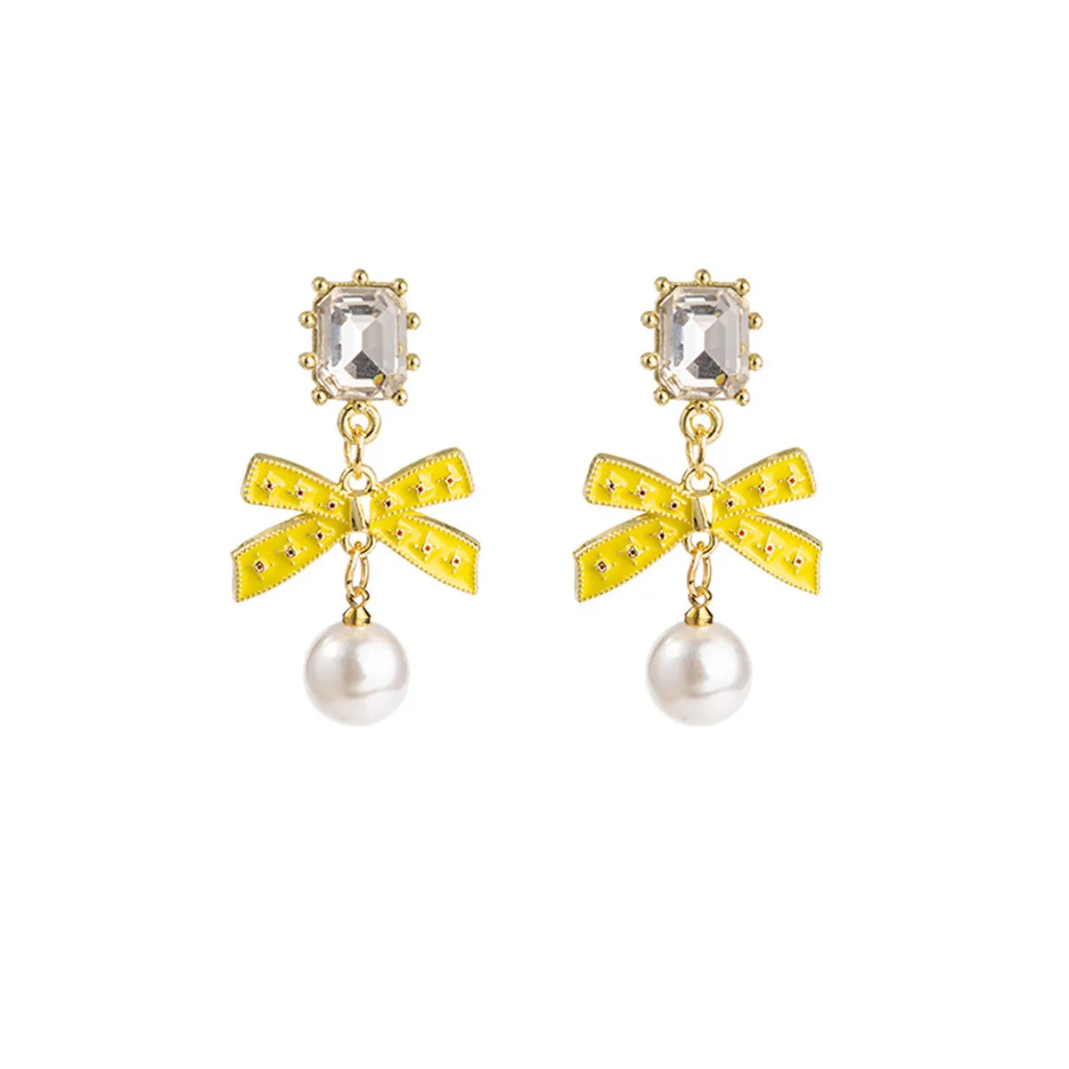 Crystal & Yellow Enamel Pearl 18K Gold-Plated Bow Drop Earrings