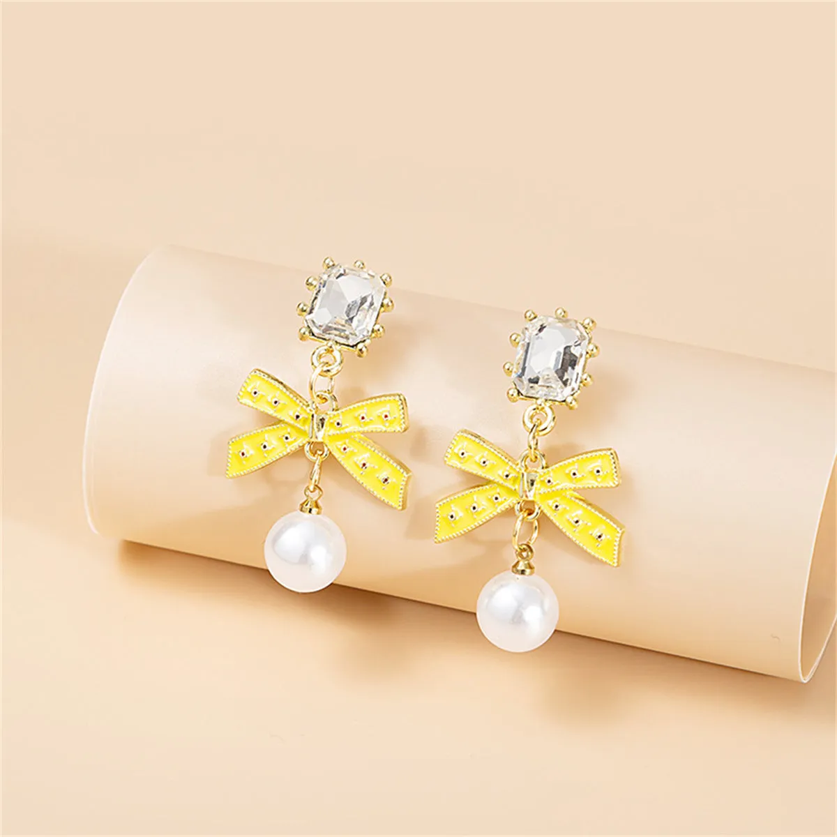 Crystal & Yellow Enamel Pearl 18K Gold-Plated Bow Drop Earrings