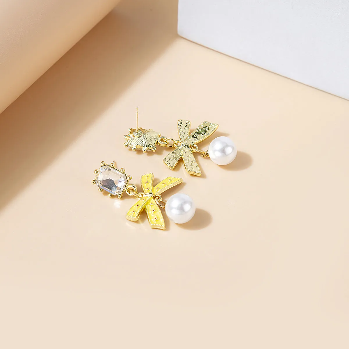 Crystal & Yellow Enamel Pearl 18K Gold-Plated Bow Drop Earrings