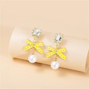 Crystal & Yellow Enamel Pearl 18K Gold-Plated Bow Drop Earrings