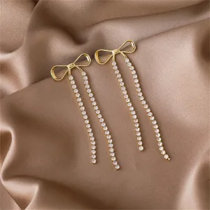 Cubic Zirconia & 18K Gold-Plated Bow Tassel Drop Earrings