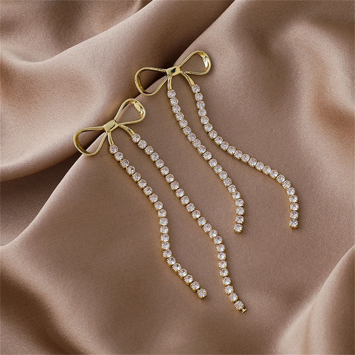 Cubic Zirconia & 18K Gold-Plated Bow Tassel Drop Earrings