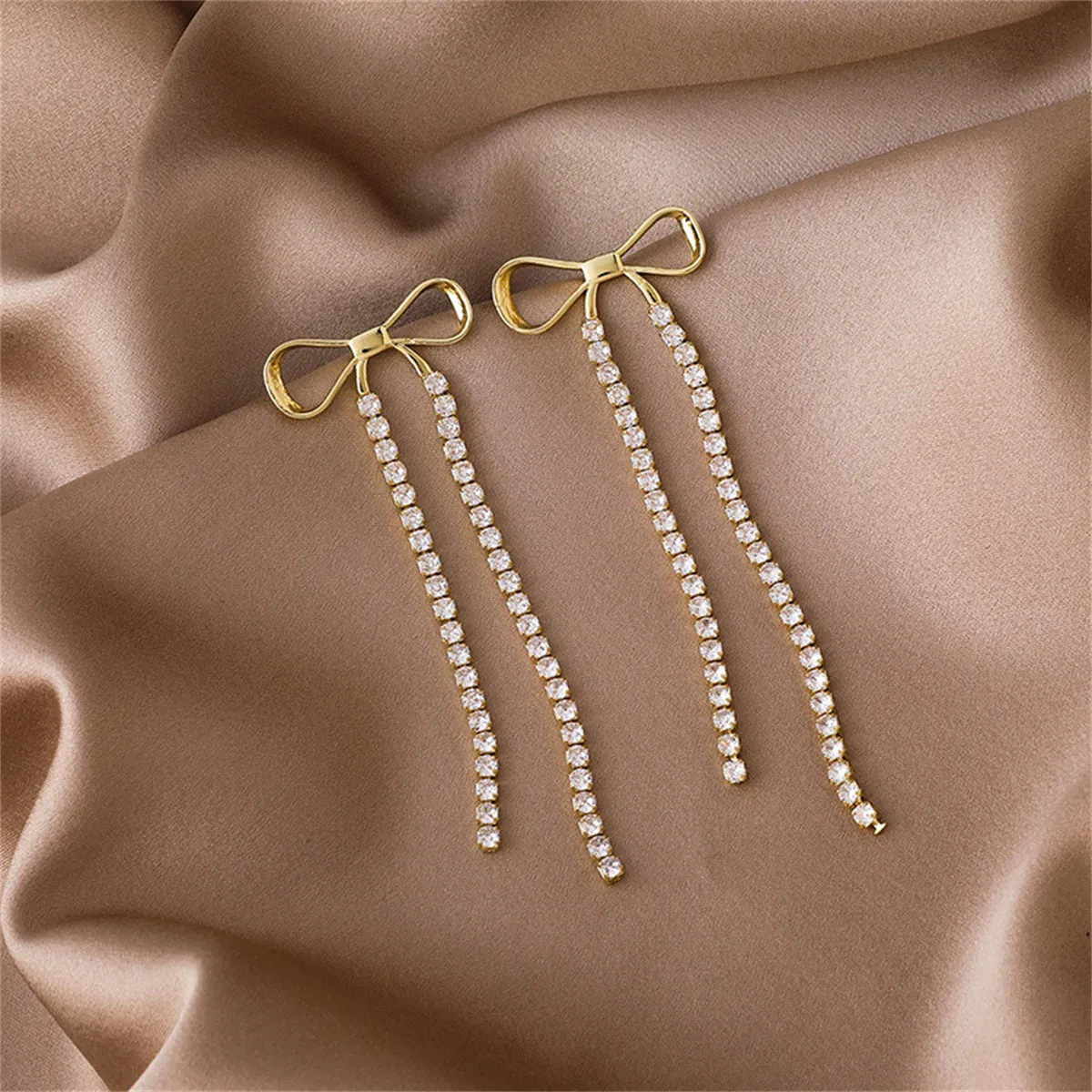 Cubic Zirconia & 18K Gold-Plated Bow Tassel Drop Earrings