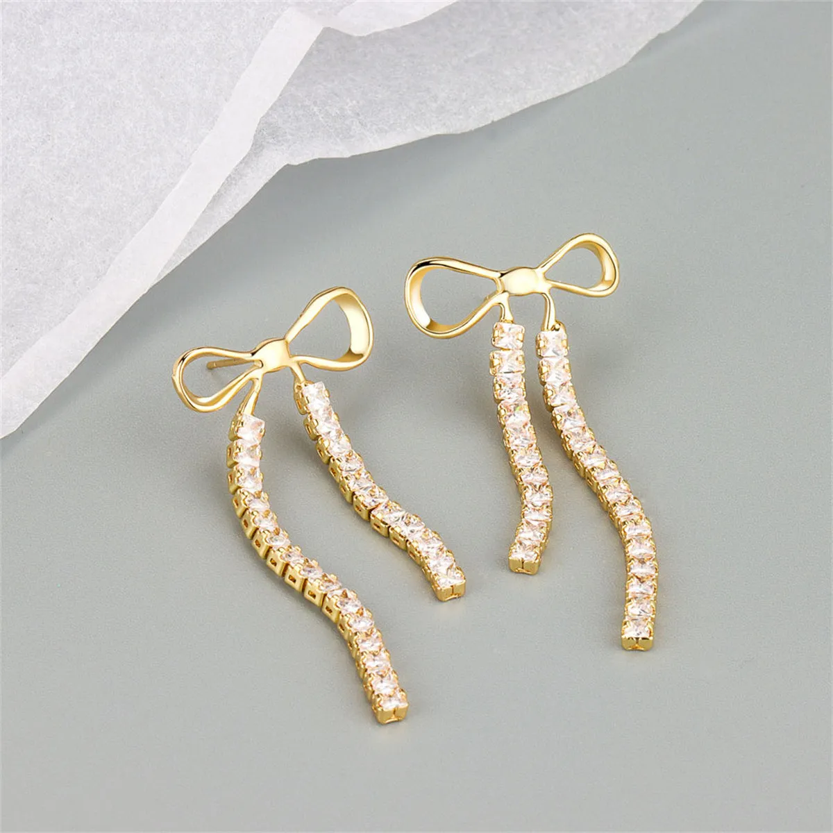 Cubic Zirconia & 18K Gold-Plated Bow Tassel Drop Earrings