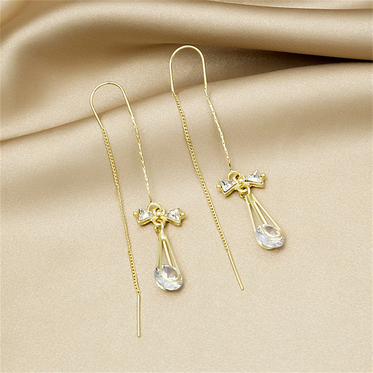 Cubic Zirconia & 18K Gold-Plated Bow Threader Earrings