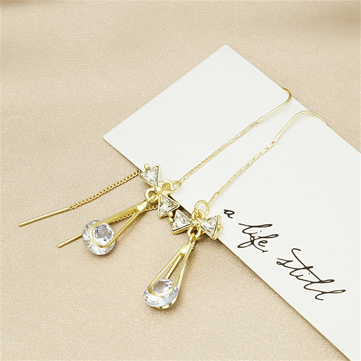 Cubic Zirconia & 18K Gold-Plated Bow Threader Earrings
