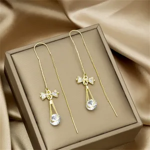 Cubic Zirconia & 18K Gold-Plated Bow Threader Earrings