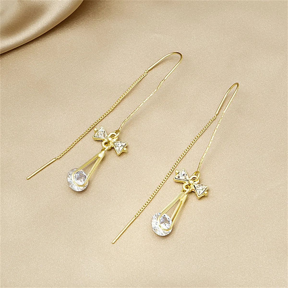 Cubic Zirconia & 18K Gold-Plated Bow Threader Earrings