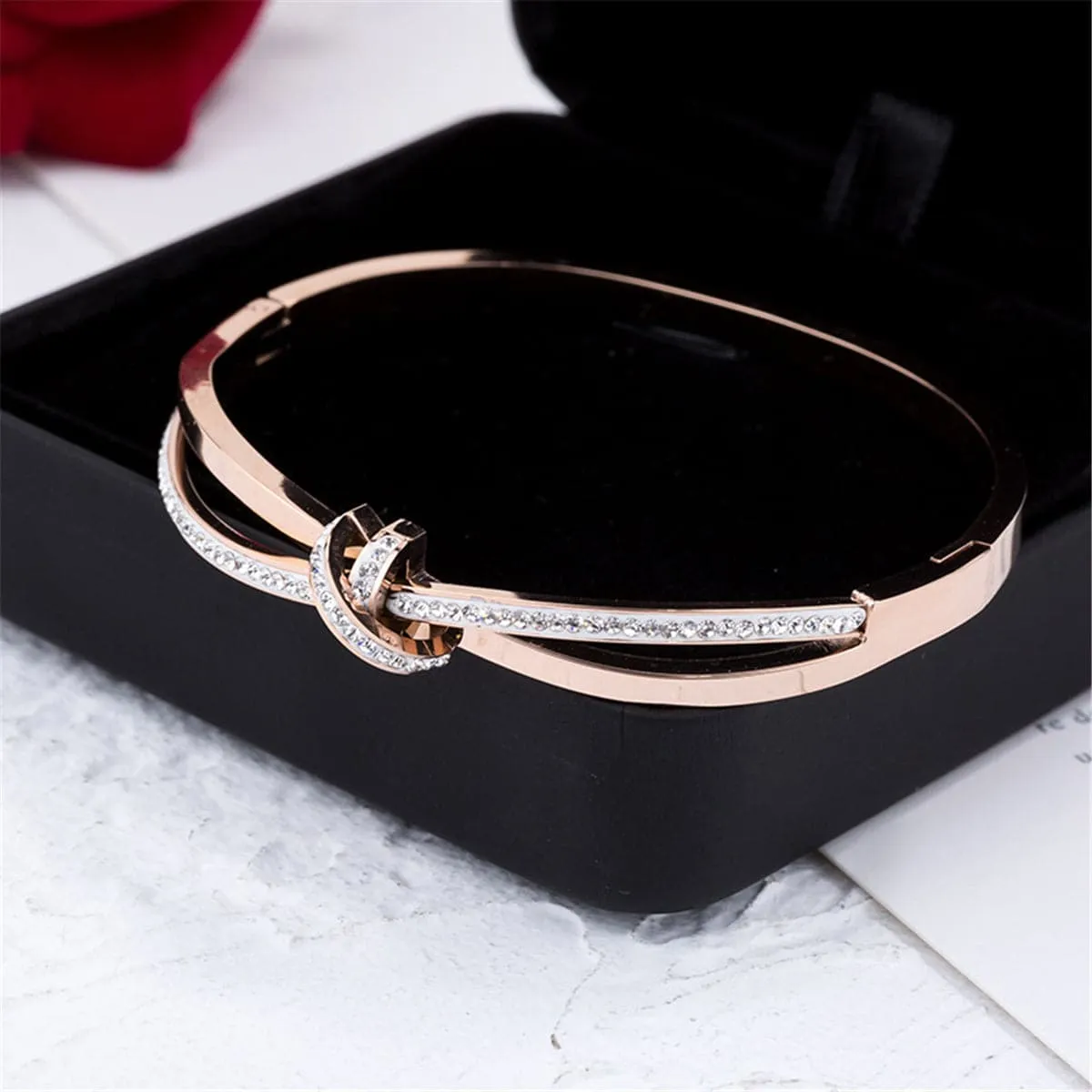 Cubic Zirconia & 18K Rose Gold-Plated Bow Bangle