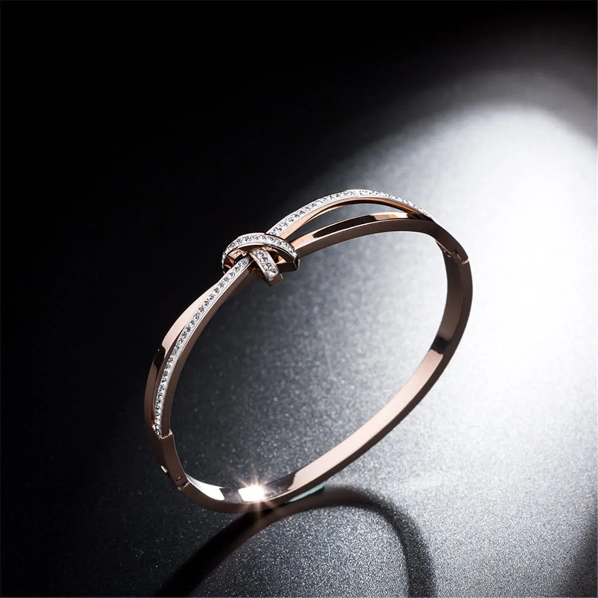 Cubic Zirconia & 18K Rose Gold-Plated Bow Bangle