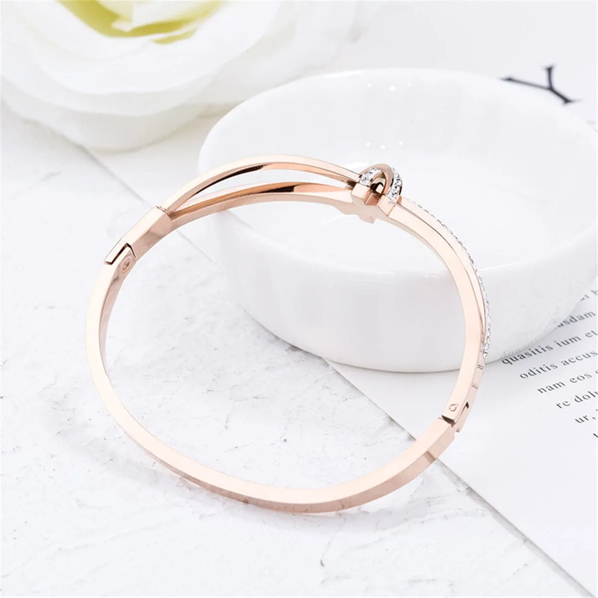 Cubic Zirconia & 18K Rose Gold-Plated Bow Bangle