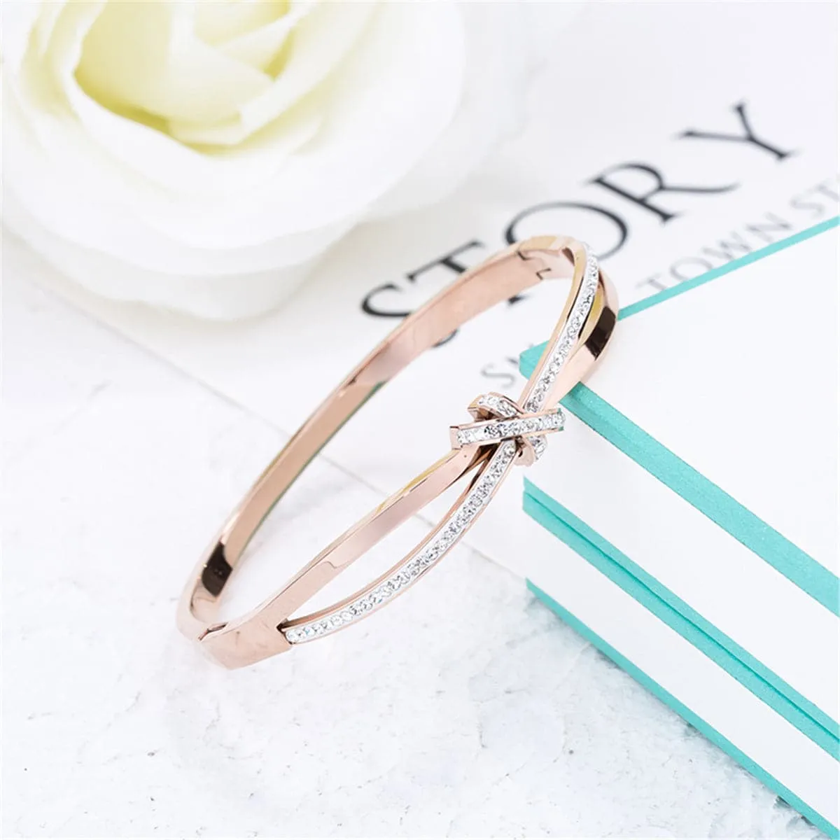 Cubic Zirconia & 18K Rose Gold-Plated Bow Bangle