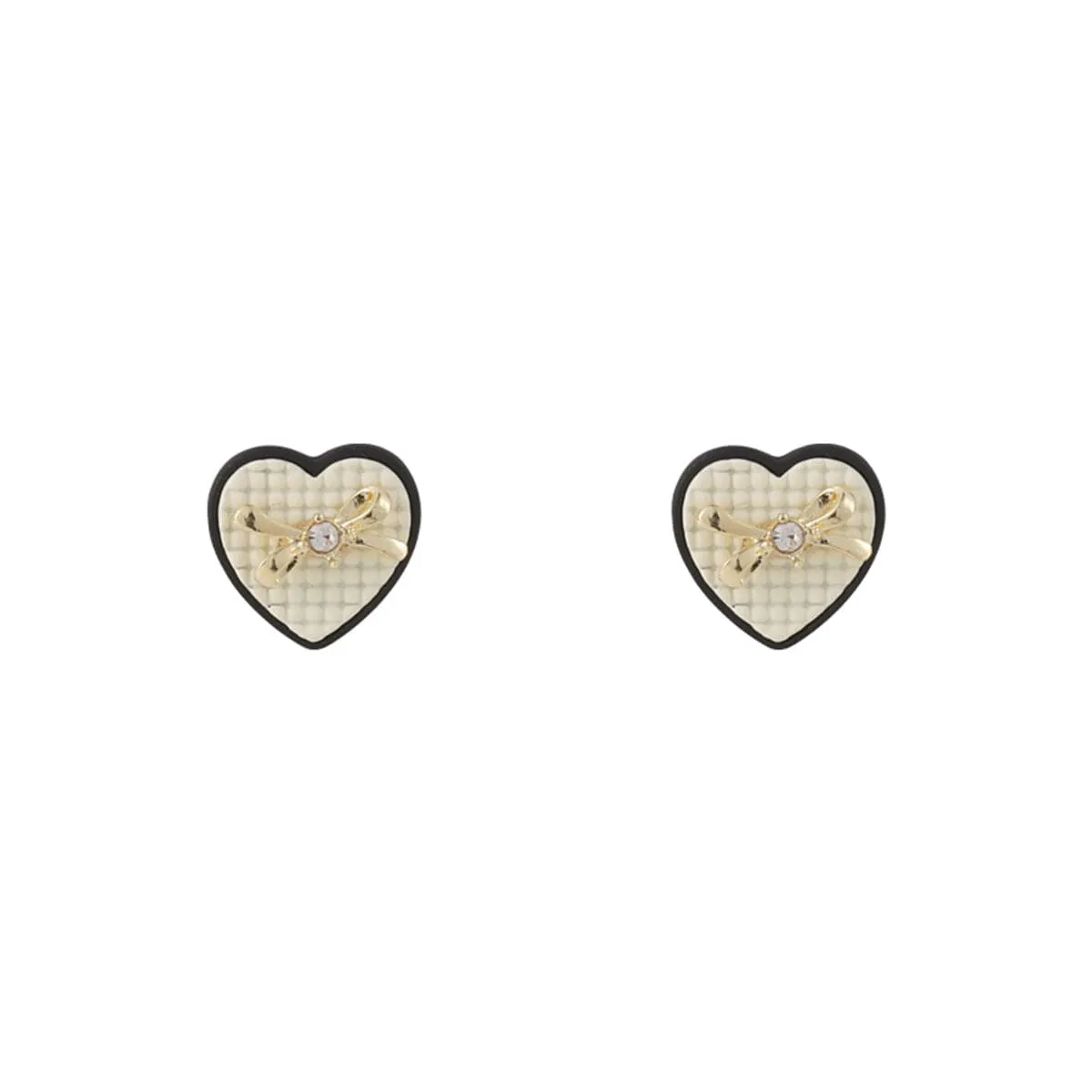 Cubic Zirconia & Beige Enamel Bow Heart Stud Earrings