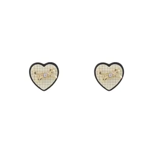 Cubic Zirconia & Beige Enamel Bow Heart Stud Earrings