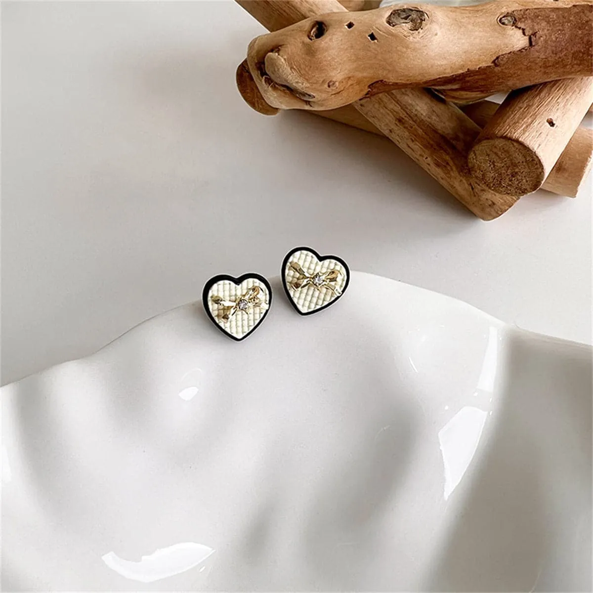 Cubic Zirconia & Beige Enamel Bow Heart Stud Earrings