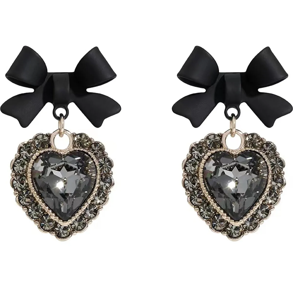Cubic Zirconia & Black Crystal Bow Heart Drop Earrings