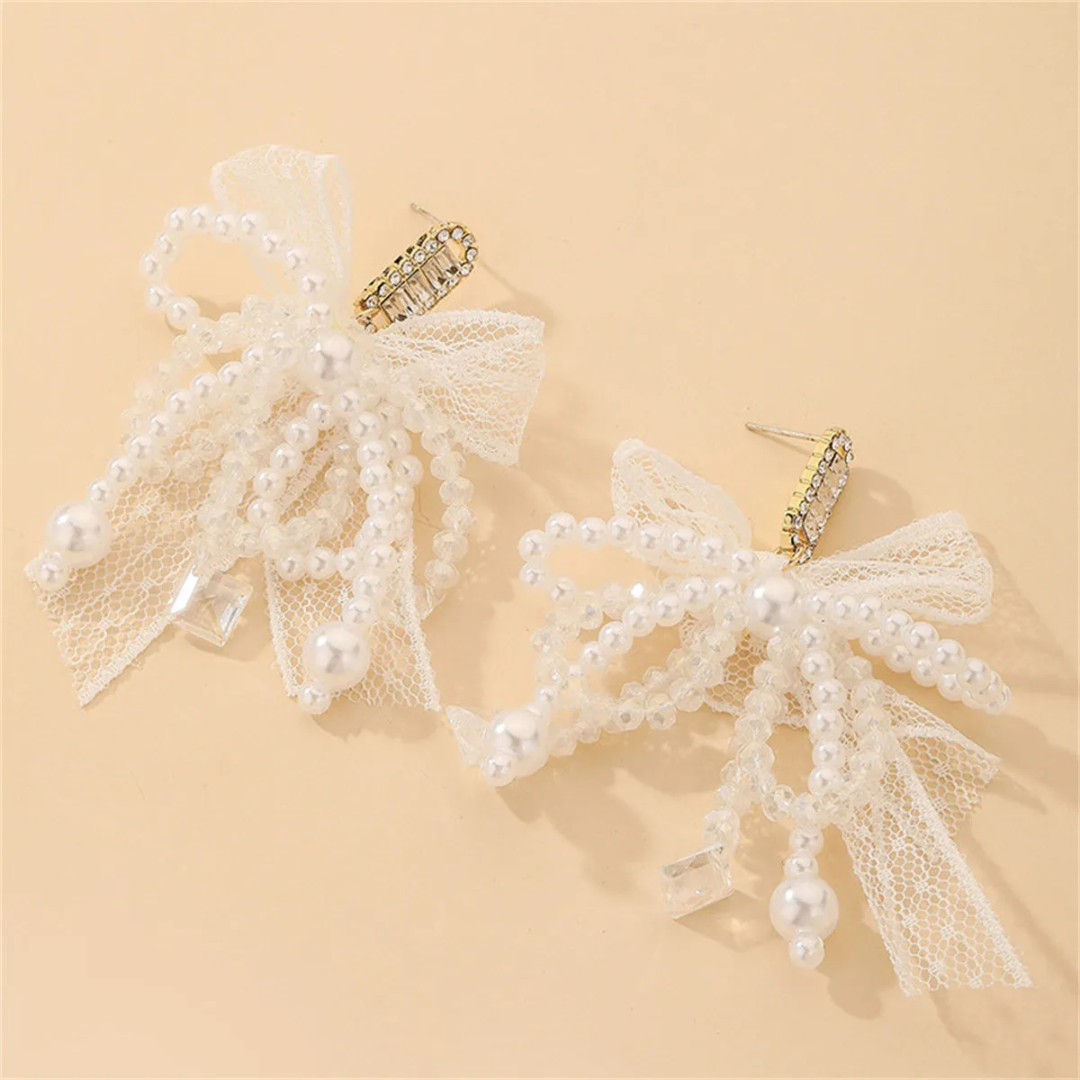 Cubic Zirconia & Crystal Pearl Silver-Plated Bow Drop Earrings