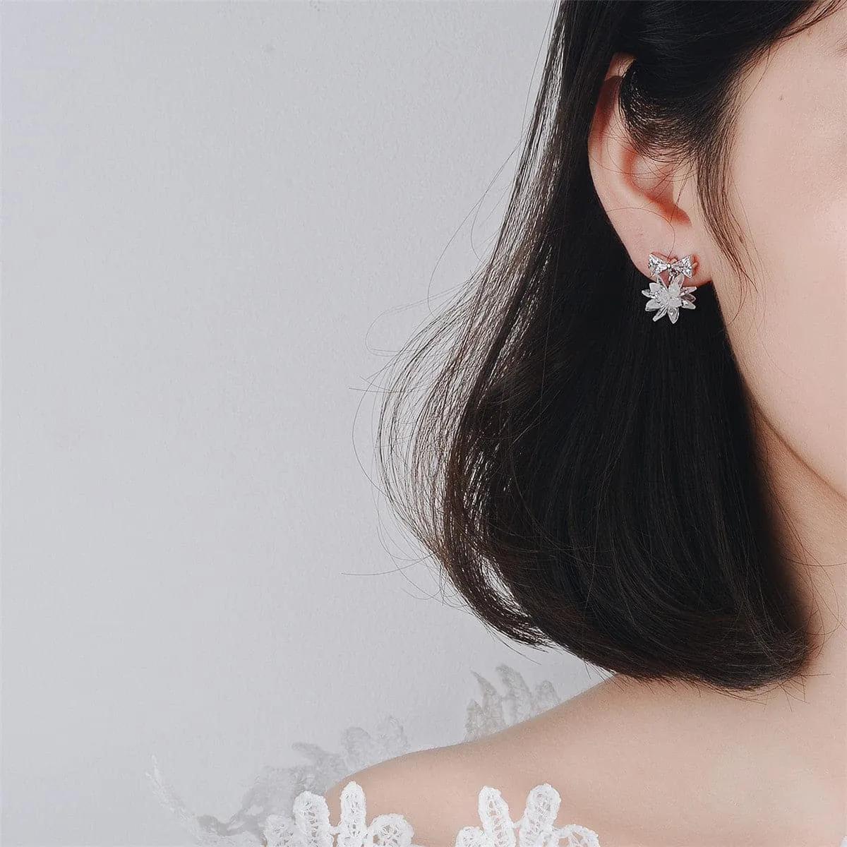 Cubic Zirconia & Crystal Silver-Plated Bow & Snowflake Drop Earrings