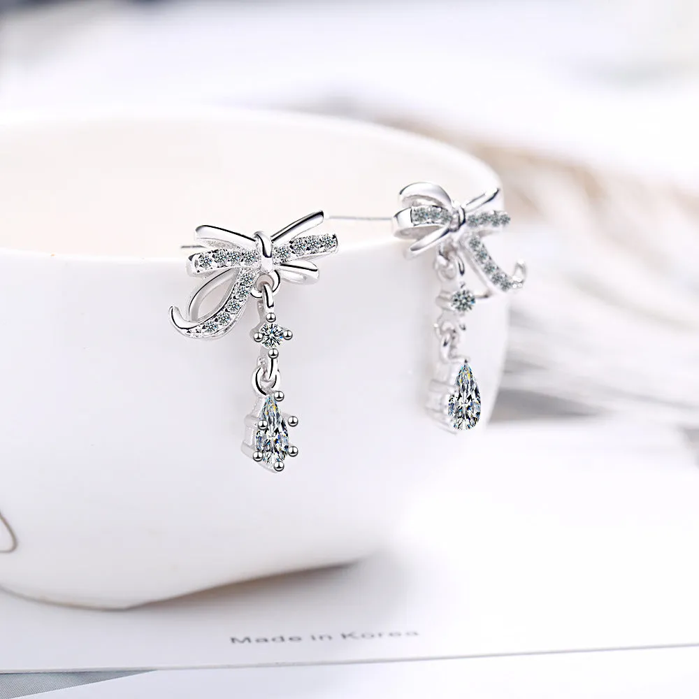 Cubic Zirconia & Crystal Silver-Plated Bow Drop Earring