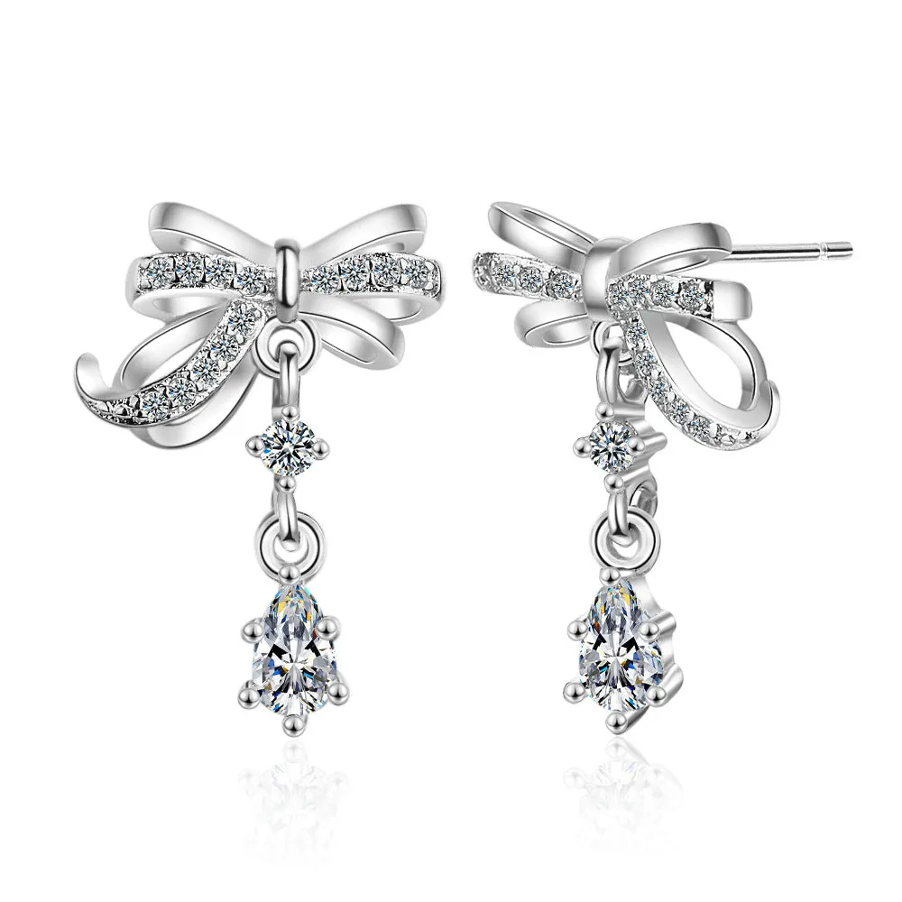 Cubic Zirconia & Crystal Silver-Plated Bow Drop Earring