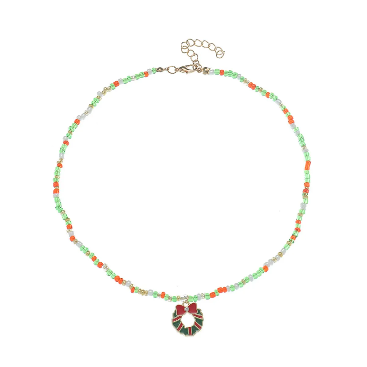 Cubic Zirconia & Green Beaded Bow Wreath Pendant Necklace