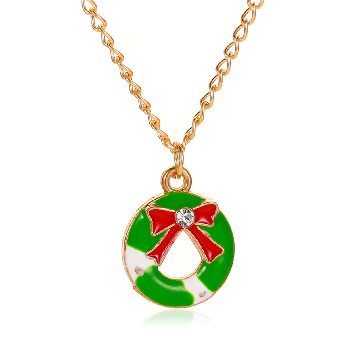 Cubic Zirconia & Green Enamel Bow Wreath Pendant Necklace