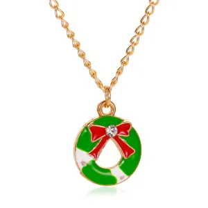 Cubic Zirconia & Green Enamel Bow Wreath Pendant Necklace