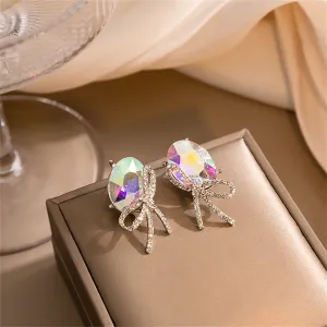 Cubic Zirconia & Oval Crystal Bow Stud Earrings