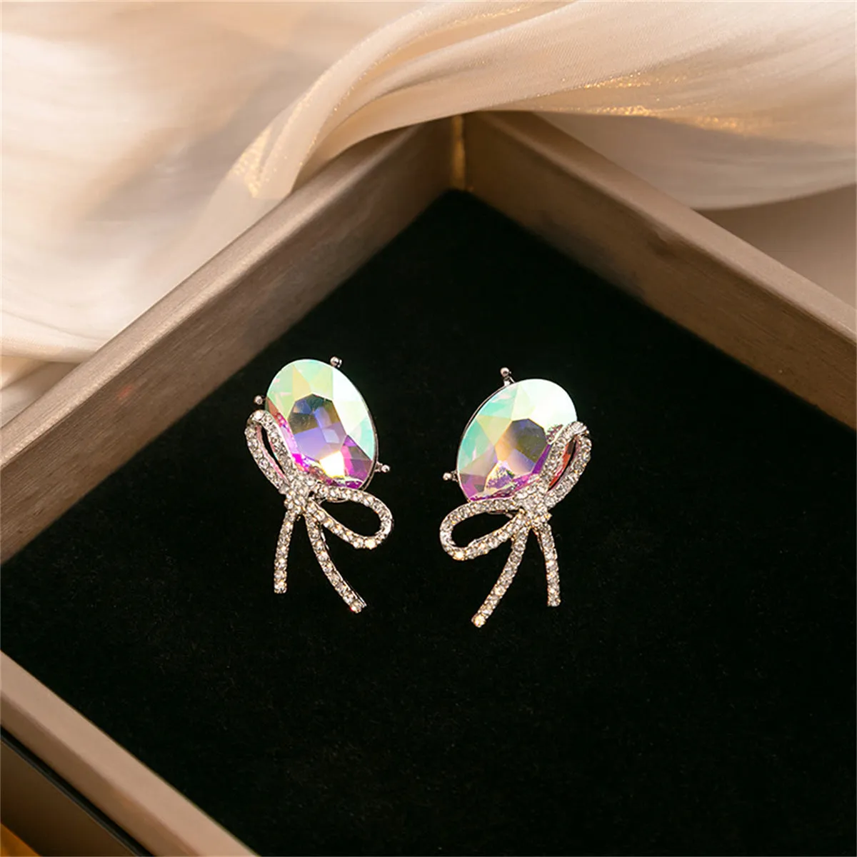Cubic Zirconia & Oval Crystal Bow Stud Earrings