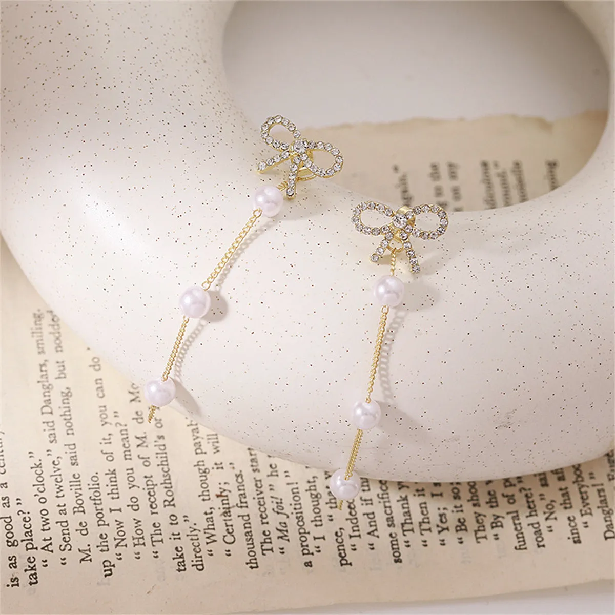 Cubic Zirconia & Pearl 18K Gold-Plated Bow Dangle Ear Jackets