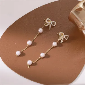 Cubic Zirconia & Pearl 18K Gold-Plated Bow Dangle Ear Jackets