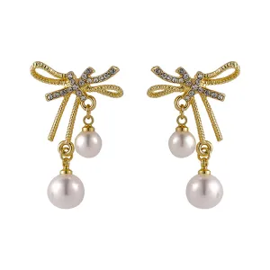 Cubic Zirconia & Pearl 18K Gold-Plated Bow Ribbon Drop Earrings