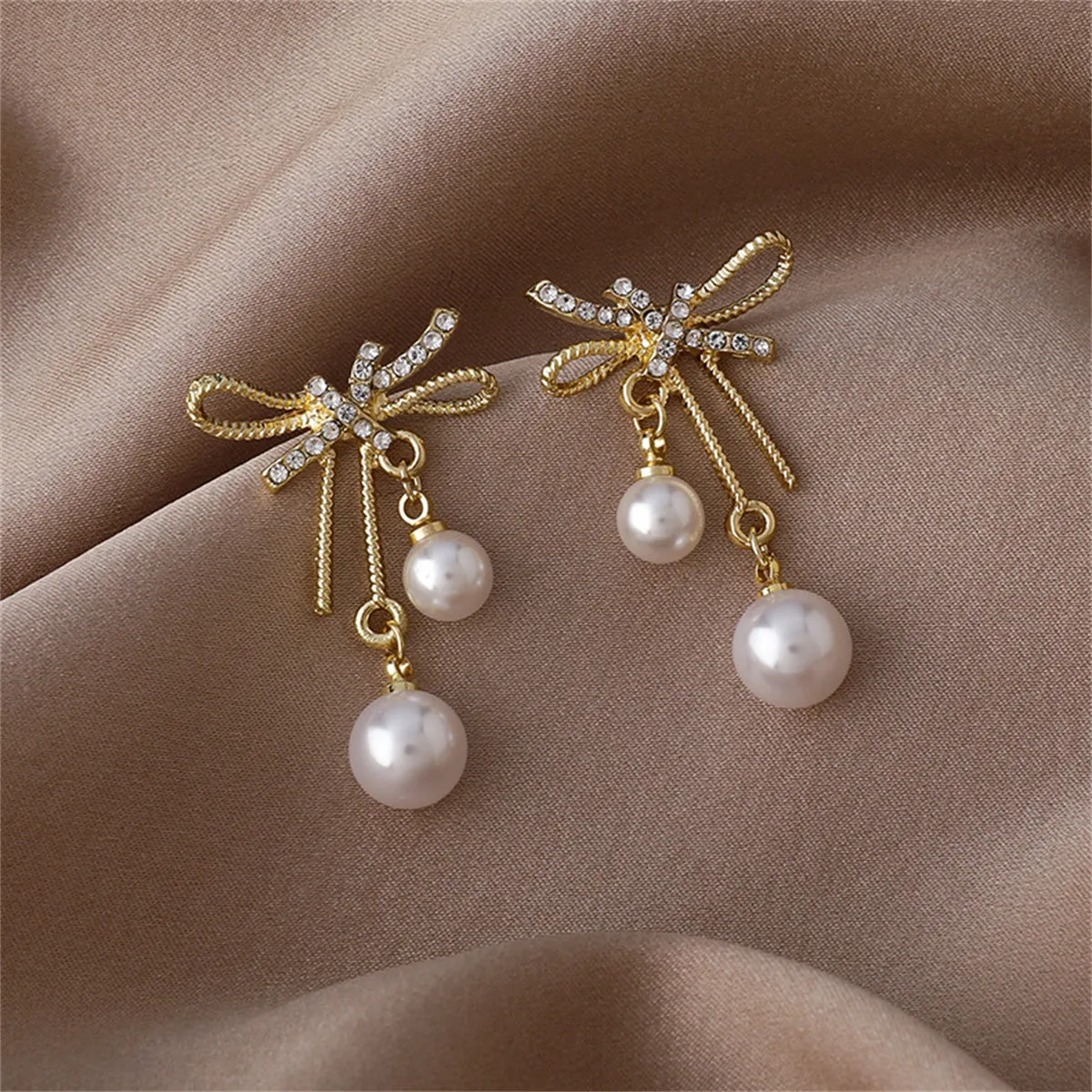 Cubic Zirconia & Pearl 18K Gold-Plated Bow Ribbon Drop Earrings