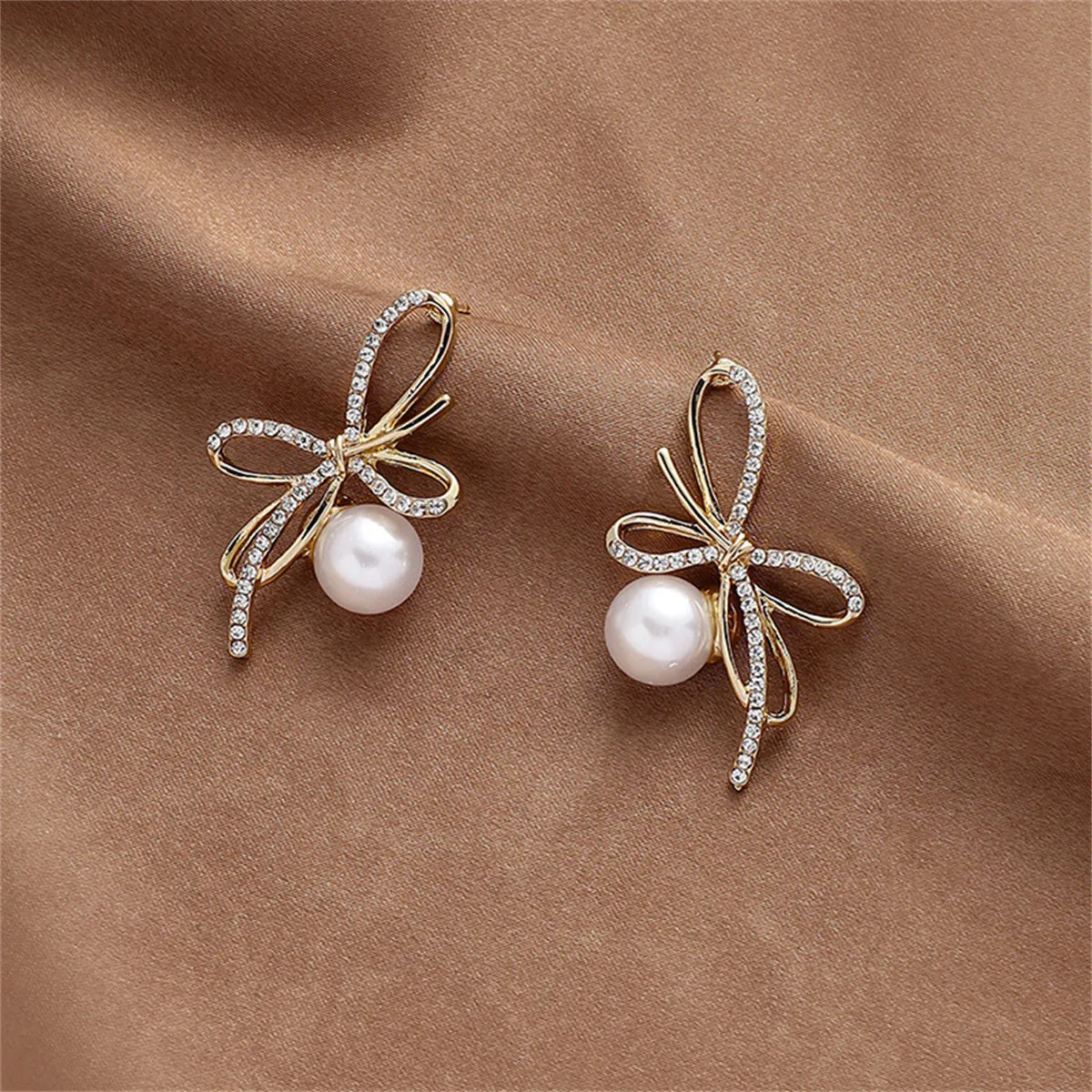 Cubic Zirconia & Pearl 18K Gold-Plated Bow Stud Earrings