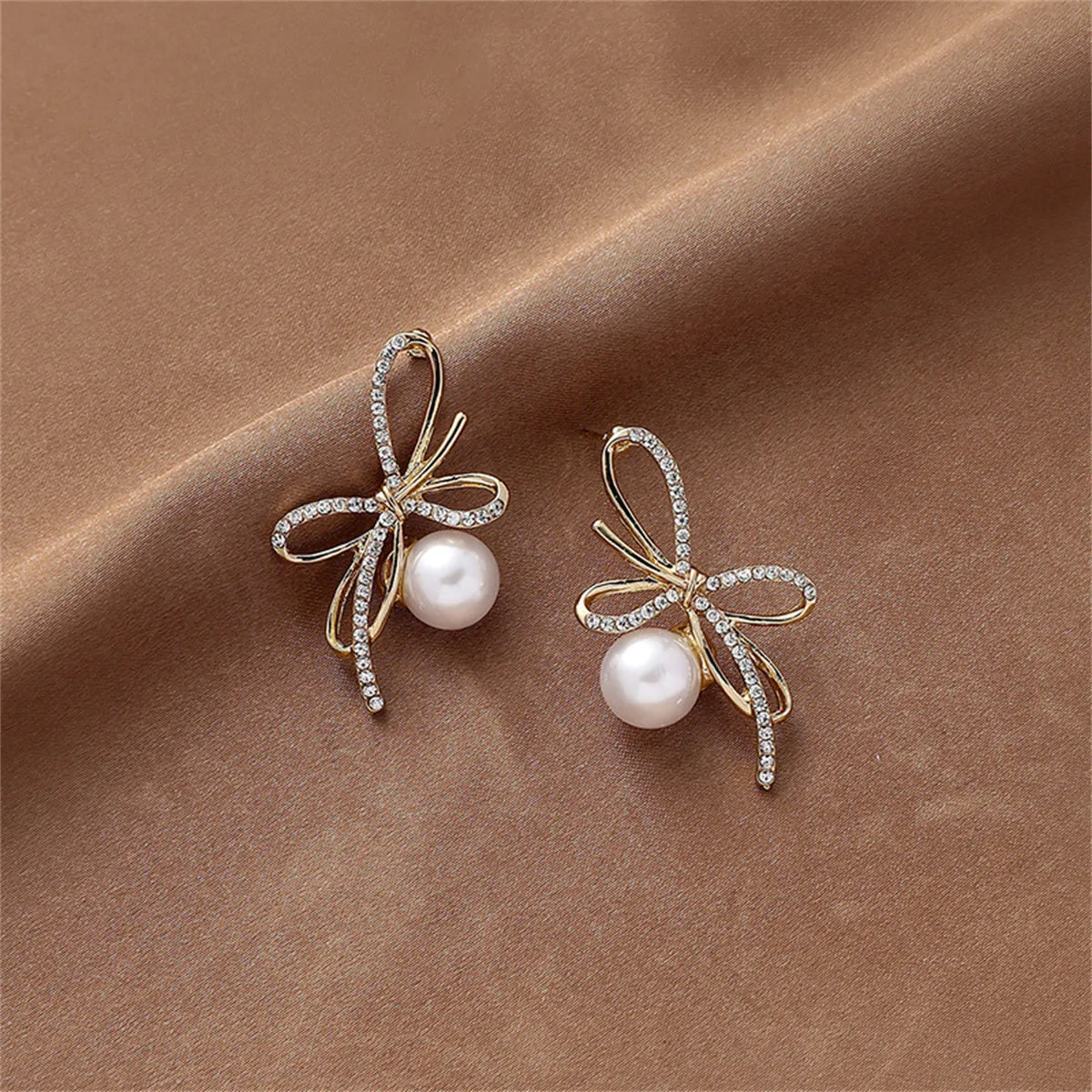 Cubic Zirconia & Pearl 18K Gold-Plated Bow Stud Earrings