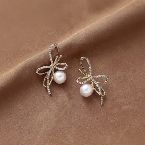 Cubic Zirconia & Pearl 18K Gold-Plated Bow Stud Earrings